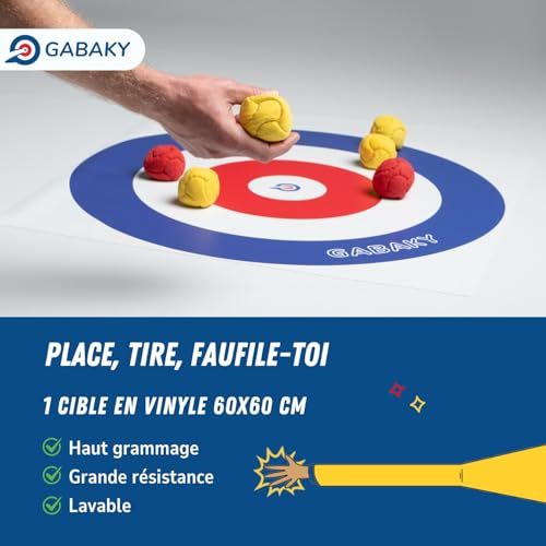 Jeu Gabaky d'adresse innovant pour toute la famille, mélangeant pétanque, palet et curling, idée cadeau intergénérationnelle et adaptable à toutes les occasions.
