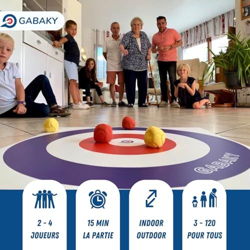 Jeu Gabaky d'adresse innovant pour toute la famille, mélangeant pétanque, palet et curling, idée cadeau intergénérationnelle et adaptable à toutes les occasions.