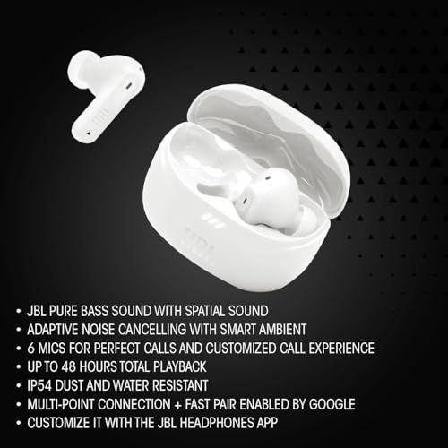 Écouteurs JBL Tune Beam Ghost 2 sans fil, réduction de bruit, autonomie 48h, résistants à l'eau et poussière, cadeau idéal pour mélomanes et aventuriers.
