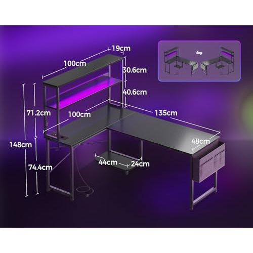 Bureau gamer en L avec étagères, ports USB et prise intégrée
