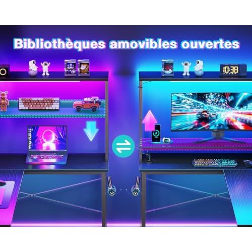 Bureau gamer en L avec étagères, ports USB et prise intégrée
