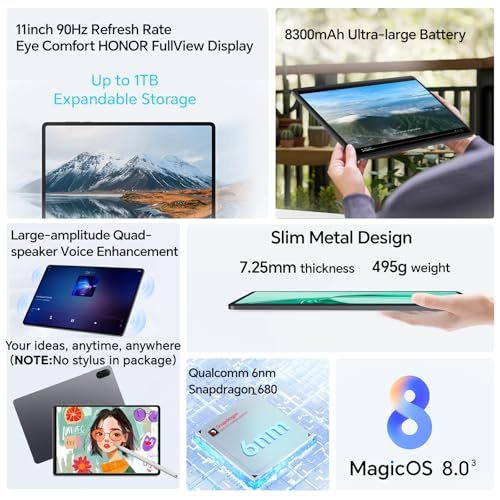 Tablette Android HONOR Pad X8a, écran 11 pouces, chipset Snapdragon 680, stockage extensible, cadeau high-tech idéal pour divertissement et productivité.