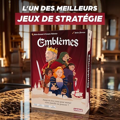 Jeu de cartes Emblèmes par Savana, amusant et accessible, idéal pour familles et amis, bluff et stratégie, cadeau parfait, dès 10 ans.