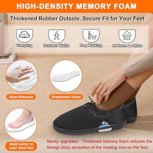 Chaussons chauffants confortables avec mousse à mémoire de forme, semelle antidérapante et réglage de chaleur personnalisé, parfait cadeau d'hiver.