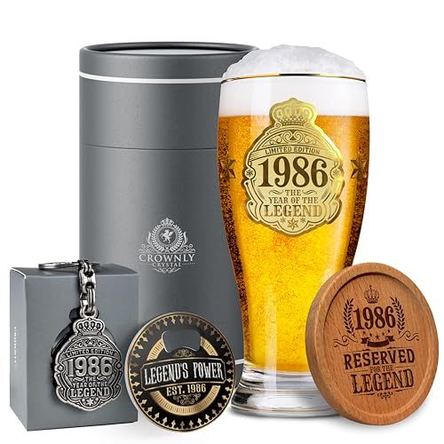 Verre à bière 1986, idée cadeau anniversaire homme 40 ans, coffret élégant personnalisé, cristal sans plomb, souvenir durable.