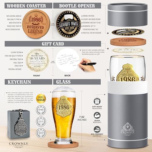 Verre à bière 1986, idée cadeau anniversaire homme 40 ans, coffret élégant personnalisé, cristal sans plomb, souvenir durable.