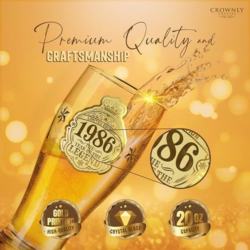 Verre à bière 1986, idée cadeau anniversaire homme 40 ans, coffret élégant personnalisé, cristal sans plomb, souvenir durable.