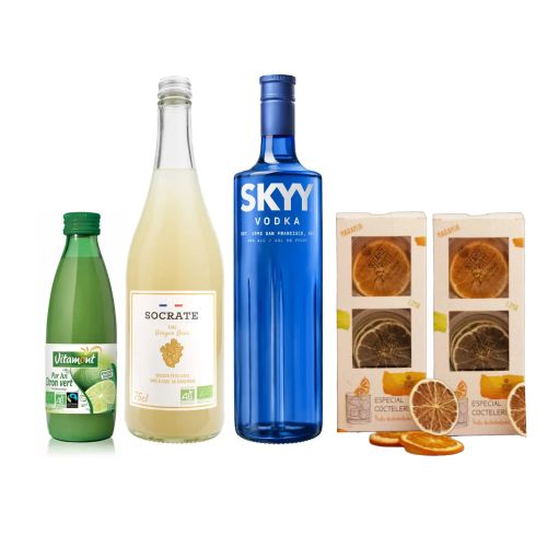 Kit cocktail Moscow Mule, coffret cadeau avec vodka, ginger beer bio, citron vert, agrumes séchés, pour moments festifs et créations originales.