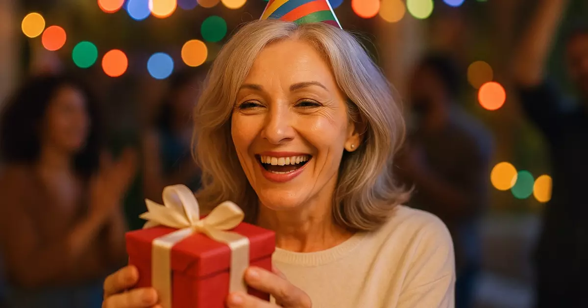 femme de 60 ans qui reçoit un cadeau qui a été bien choisi