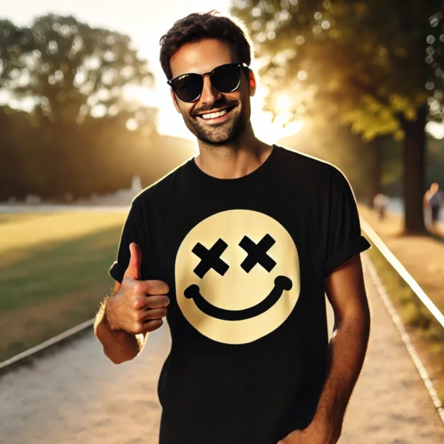 Homme en tee-shirt noir qui reçoit un cadeau