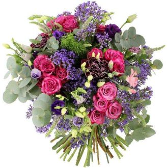 Bouquet Empereur majestueux en roses, lisianthus et œillets violets et roses
