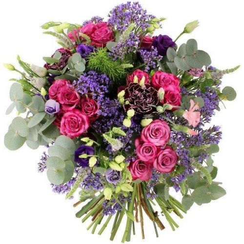 Bouquet Empereur majestueux en roses, lisianthus et œillets violets et roses