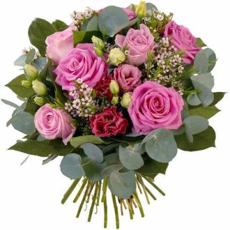 Bouquet Mésange : roses, lisianthus, wax, eucalyptus et sallal, parfait pour la Fête des Mères, livraison rapide, cadeau élégant et abordable.
