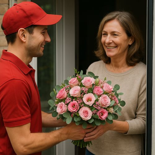 Bouquet Mésange : roses, lisianthus, wax, eucalyptus et sallal, parfait pour la Fête des Mères, livraison rapide, cadeau élégant et abordable.
