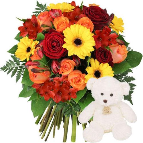 Bouquet de roses et d'oeillets avec doudou Les Petites Marie, cadeau idéal pour la naissance !