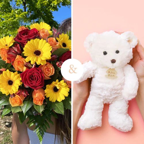 Bouquet de fleurs colorées et ourson en peluche, cadeau parfait pour célébrer une nouvelle naissance et illuminer le quotidien d'une jeune maman.