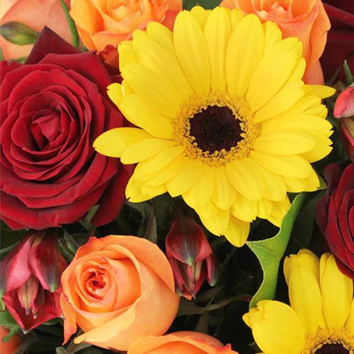Bouquet de fleurs orange gourmand et coloré avec une boîte de chocolats, idéal pour exprimer gratitude et joie.