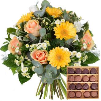 Fleurs et chocolats de haute qualité, bouquet coloré et gourmand pour faire plaisir à vos proches.