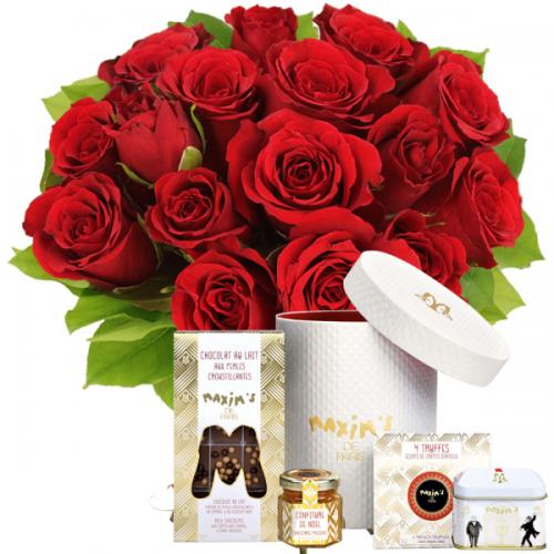 Pack Petit Déjeuner - Bouquet de 15 roses rouges et trousse zippée remplie de délices au chocolat.