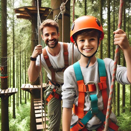 Personnes s'amusant en accrobranche, traversant ponts suspendus et tyroliennes, activité nature idéale pour tous âges, cadeau aventureux et sécurisé