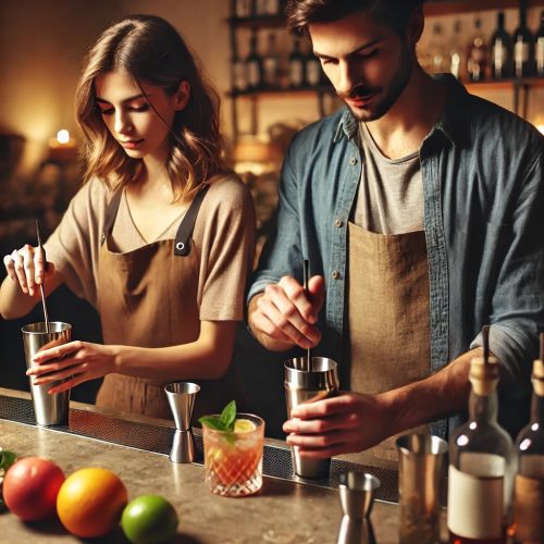 Image d'un atelier de cocktails et mixologie, idée cadeau unique pour découverte gustative et partage convivial en créant des boissons personnalisées.