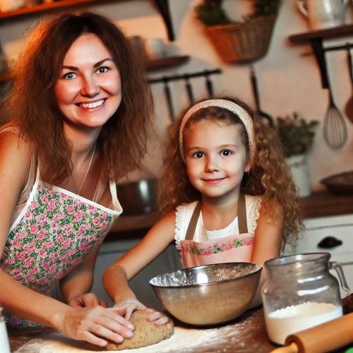 Une mère et sa fille s'amusant en cours de pâtisserie