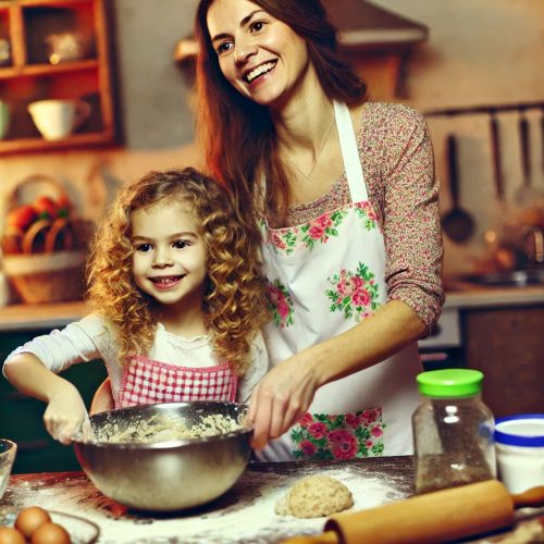 Une mère et sa fille s'amusant en cours de pâtisserie