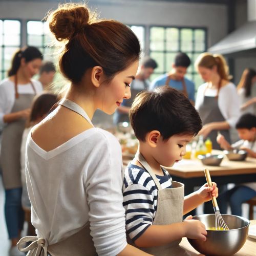 Une mère et sa fille s'amusant en cours de pâtisserie