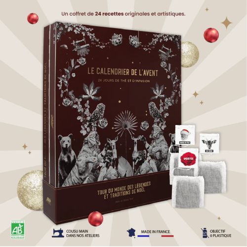 Calendrier de l'Avent thé bio 24 saveurs, coffret dégustation Noël, idée cadeau éco-responsable pour amateurs de thé.