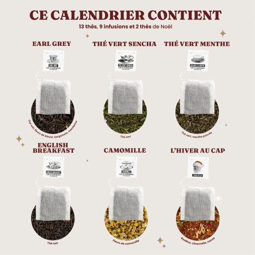 Calendrier de l'Avent thé bio 24 saveurs, coffret dégustation Noël, idée cadeau éco-responsable pour amateurs de thé.