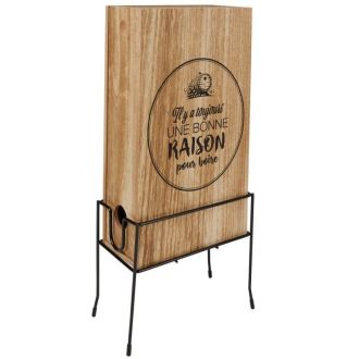 Caisse en bois personnalisable pour cubi de vin 3L avec support métallique et option de gravure pour décoration bistro.