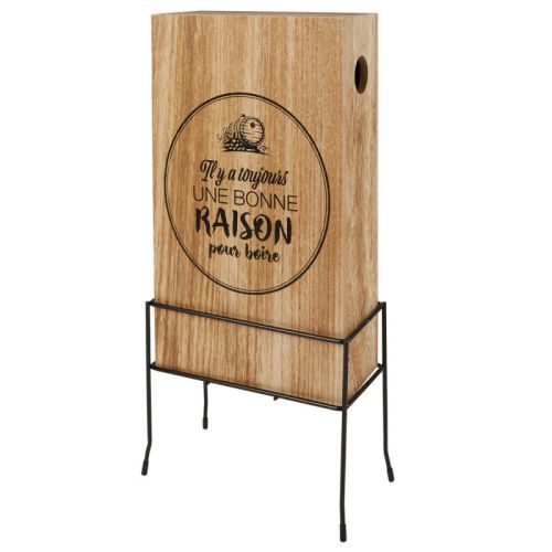 Caisse en bois personnalisable pour cubi de vin 3L avec support métallique et option de gravure pour décoration bistro.