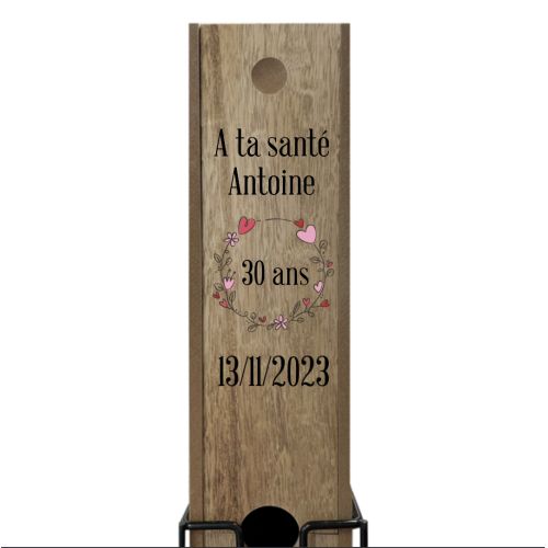 Caisse en bois personnalisable pour cubi de vin 3L avec support métallique et option de gravure pour décoration bistro.