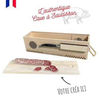 Cave à saucisson personnalisée en bois de pin avec couteau Laguiole, idée cadeau unique et élégante pour amateur de charcuterie