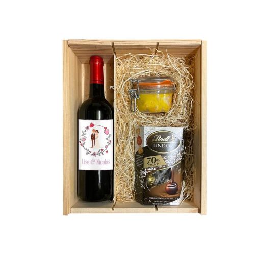 Coffret gourmet Saint Valentin personnalisé avec saveurs exquises et présent élégant.