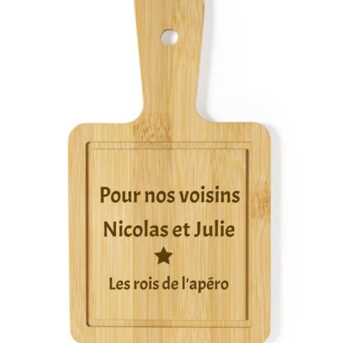 Planche à tapas en bambou personnalisée, gravée, écologique, durable, idée cadeau unique pour apéritif, design rectangulaire pratique avec manche.