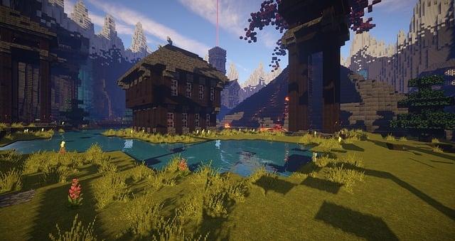 Paysage et construction visibles dans le jeu vidéo Minecraft