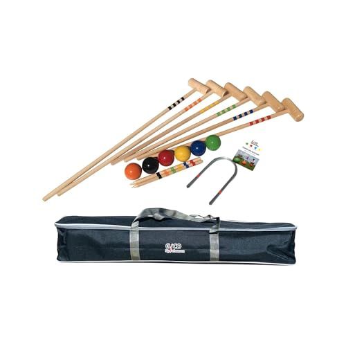 Set de croquet en bois vintage pour loisirs familiaux extérieurs.