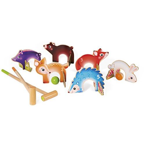 Jeu de croquet enfant en bois avec animaux de la forêt.