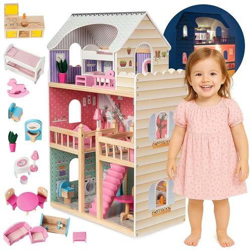 Maison de poupée en bois, 3 étages, design pastel, accessoires réalistes, éclairage LED, jeu créatif, enfants, imagination, cadeau magique, 90x60x30 cm.