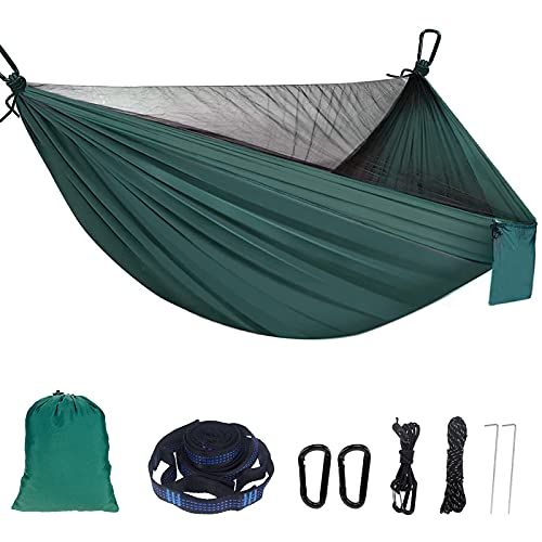 Hamac avec moustiquaire en nylon de parachute résistant. Lien externe.