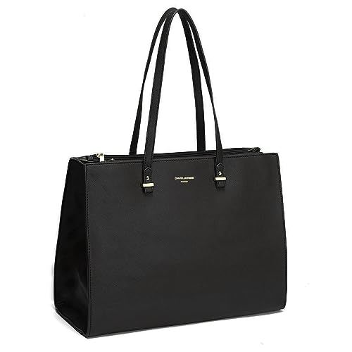 Sac à main spacieux en similicuir noir/camel avec pompon, idéal pour femme active.