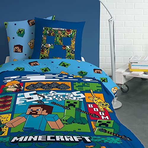 Parure de lit Minecraft éco-responsable, couleurs vives, motifs pixellisés, réversible, coton Oeko-tex, idée cadeau fan jeu.