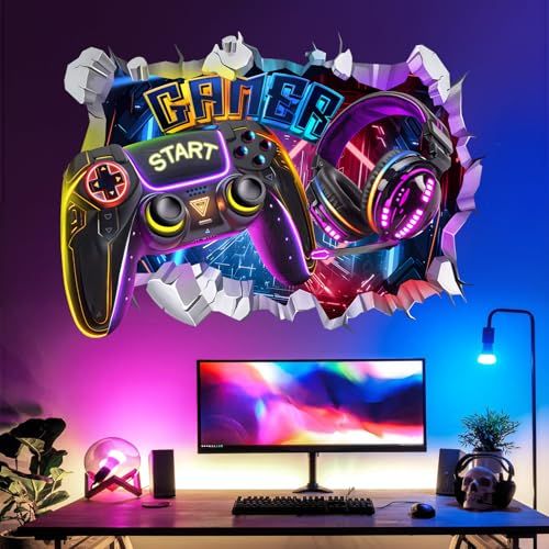 Stickers muraux effet irisé symboles manette pour fans de jeux vidéo.