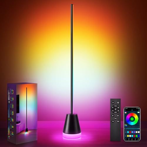 Lampe LED multicolore sur pied, personnalisation d'ambiance, idéale pour Noël et soirées, contrôle par télécommande et application.