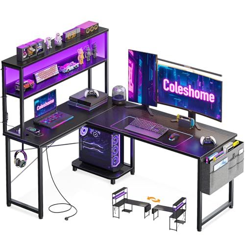 Bureau gaming en L avec prises intégrées et support moniteur