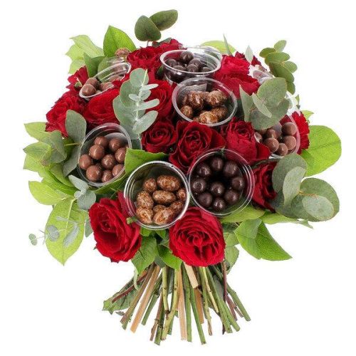 Bouquet de 20 roses multicolores et chocolats Bernard Castelain : une surprise visuelle et gustative !