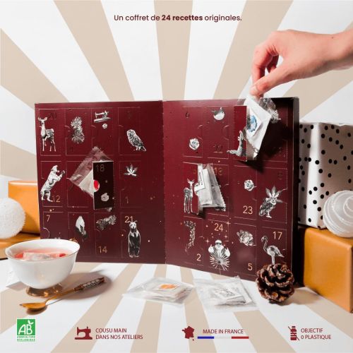 Calendrier de l'Avent thé bio, surprise quotidienne, Noël durable, cadeau parfait amateurs de thé, décembre savoureux.