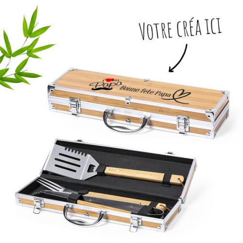 Ensemble accessoires de barbecue personnalisable, cadeau idéal pour homme passionné de grillades, élégance et utilité.