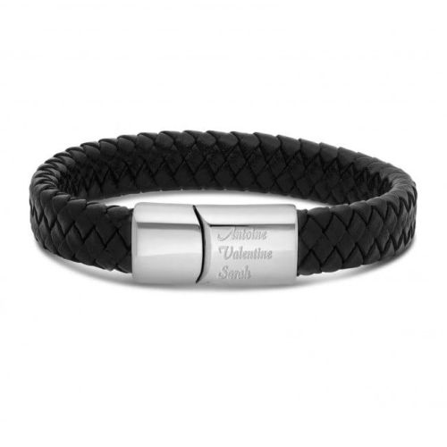 Bracelet homme cuir noir tressé personnalisé élégant prénoms gravés cadeau significatif 30 ans